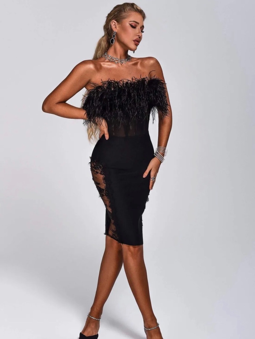 Bella Barnett Feather Trim Black Strapless Bodycon Dress - worn once